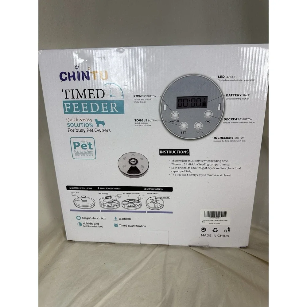 CHINTU Automatic Timed Pet Feeder 6 Meal Tray Cat Dog Food‎ Dispenser